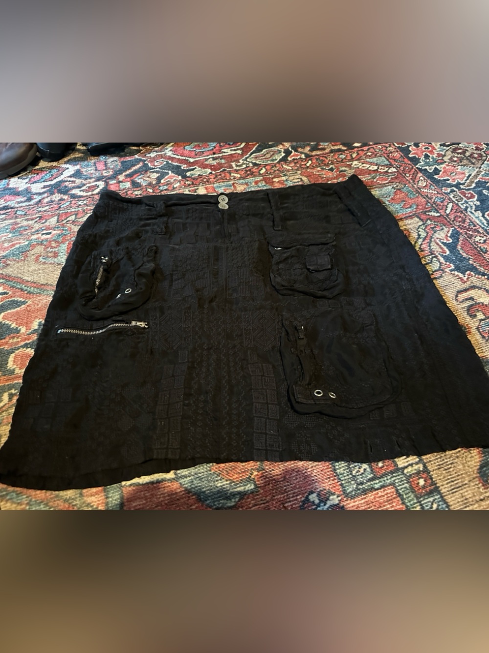 Johnny Was black on black short skirt 12 lots of pockets!
